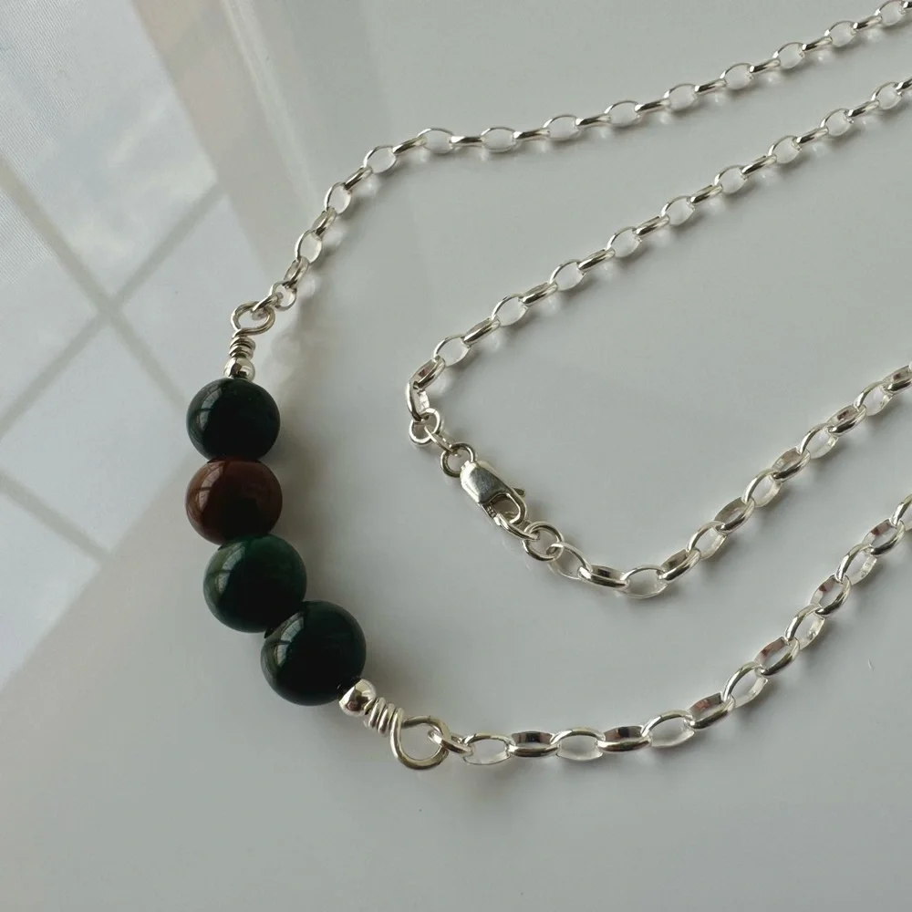 ARTISAN Bloodstone Beaded Wire Wrapped Necklace in Sterling Silver size 19”